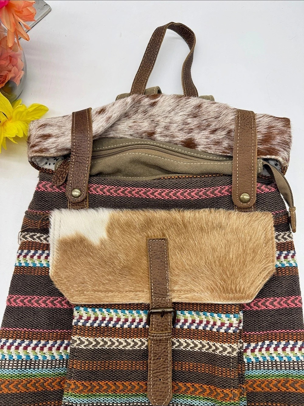 Myra Bag Geometric Brown & Green Backpack